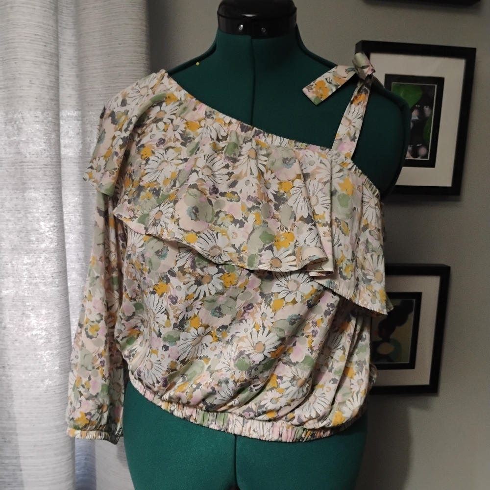 Lauren Conrad Ruffle Lady Daisies Pastel Satiny One-Shoulder Tie Top Sz L NWOT - Picture 4 of 11